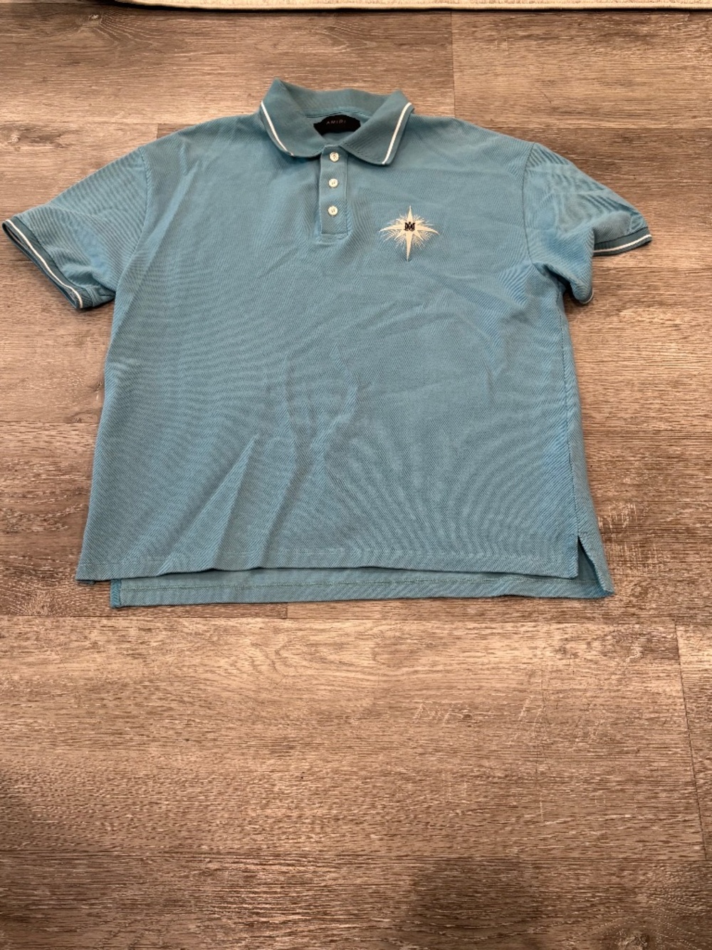 Amiri Starbust Cotton Polo Shirt Logo Embroidered Light Blue Mens L